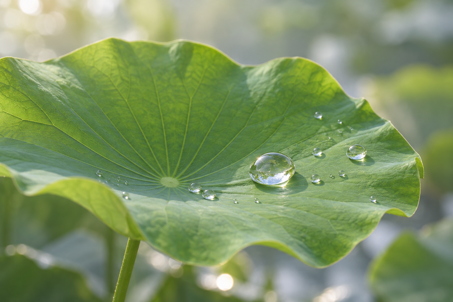 AI 生成概念示意:綠色荷葉表面的圓潤水珠